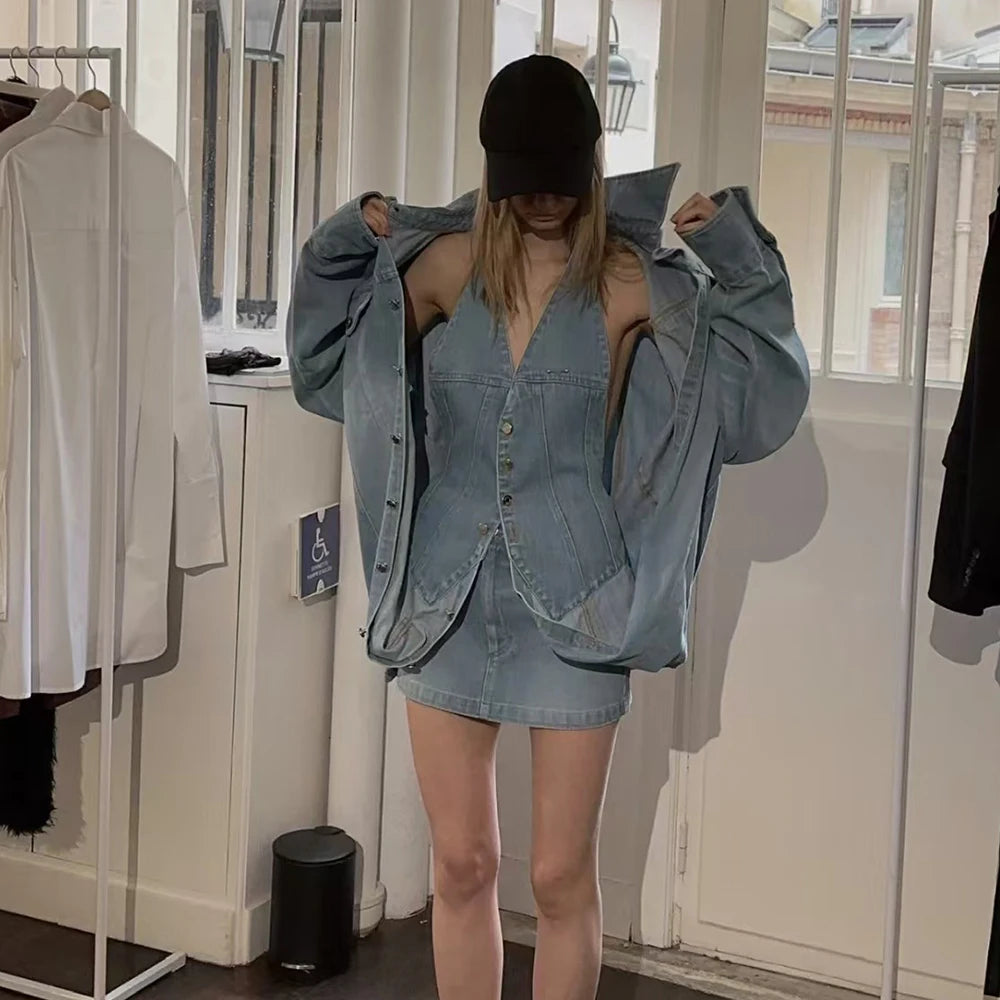 Denim Outfits - Loose Chic Jackets For Women Lapel Long Sleeve Streetwear Patchwork Pockets Coats Female Fashion Style New