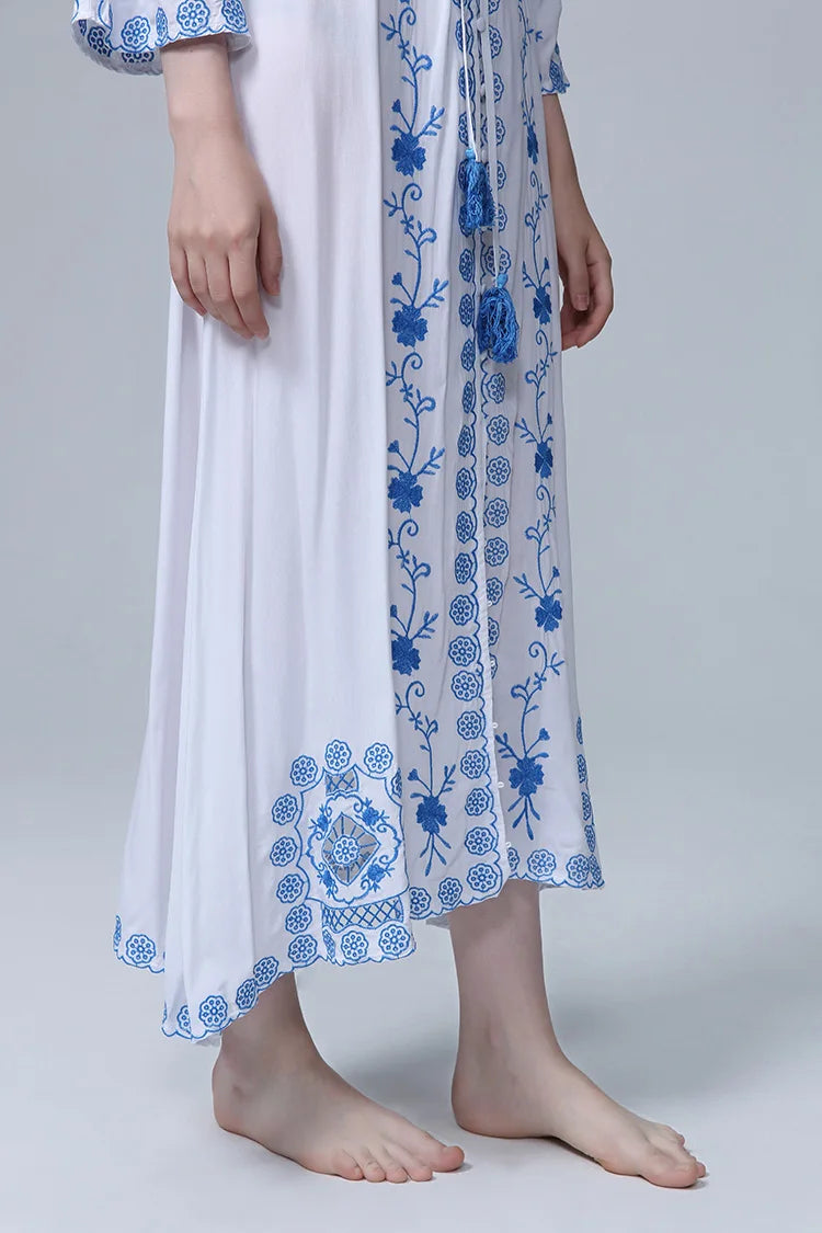Kaftans - Jastie Embroidered Women Maxi Dress V-Neck Batwing Sleeve Loose Oversize Summer Dresses Drawstring Waist Boho Beach Vestidos