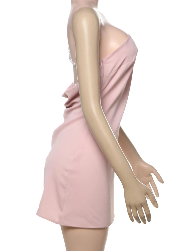 MinI Dresses - Pearl Chains Women Dress Backless Slanted Shoulders Temperament Summer Trend Solid Banquet Elegant Party Mini Bodycon