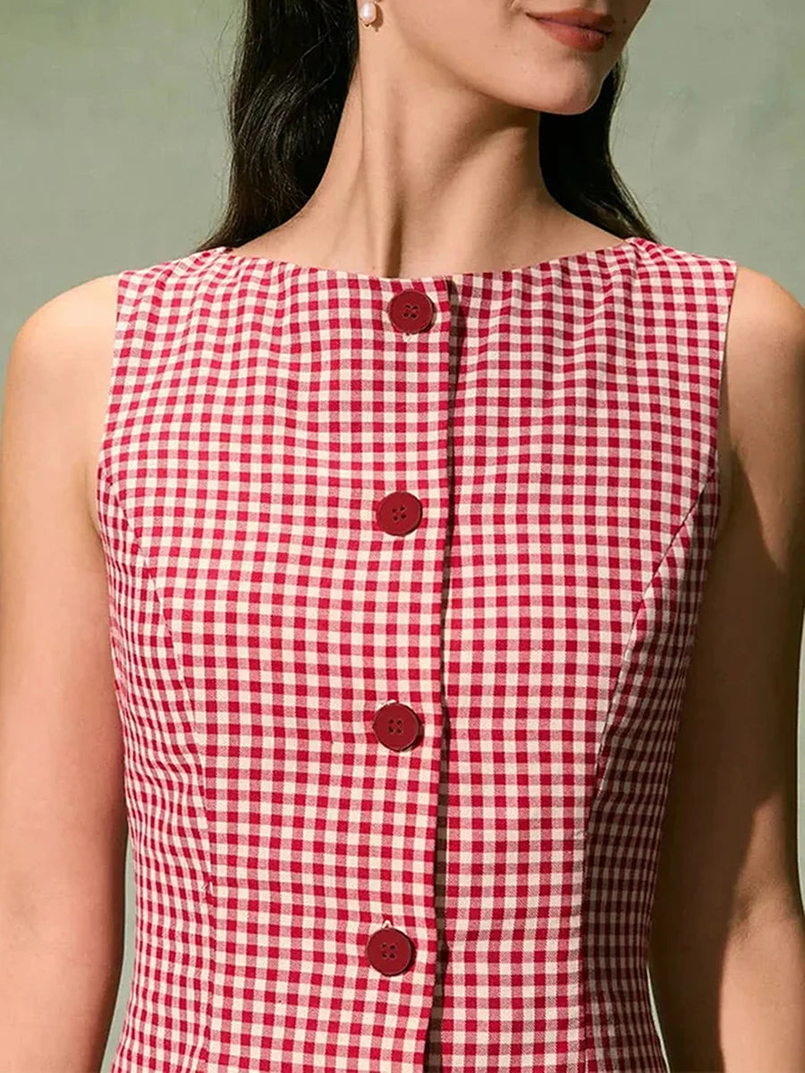 Casual Dresses - New Women Summer Mini Plaid Tank Dress Sleeveless Round Neck Button Up Cocktail Dress Club Street Style S M L