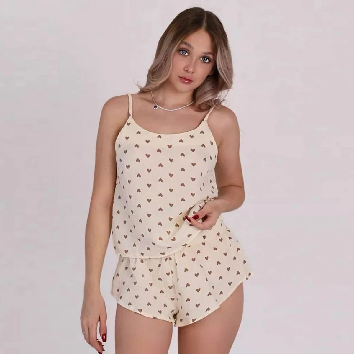 Pajamas Set - Cotton Sexy Summer Women Pajamas Set Spaghetti Strap Sleepwear heart Print Tank Tops And Shorts Cute Soft Sleeveless Nightwear