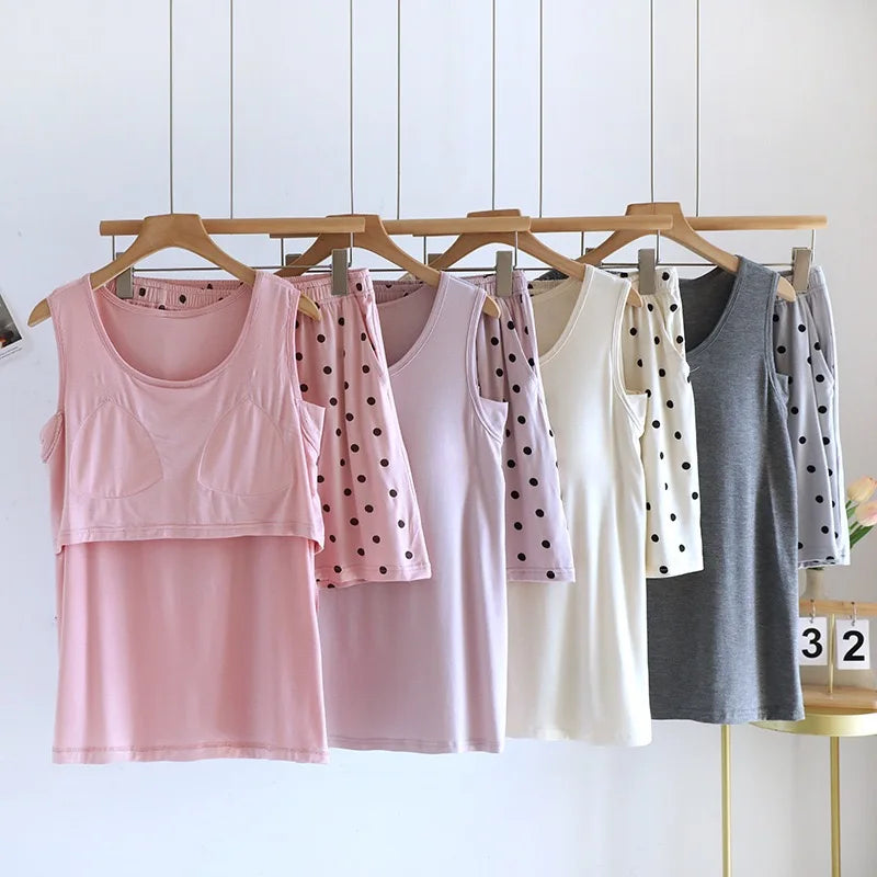 Pajamas - 2025 New Summer Women's Pajamas Set Sleeveless Short Pants Home Clothes Student Can Wear Out Sleepwear With Chest Cushion