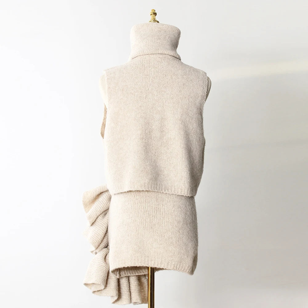 Knitwear - TWOTWINSTYLE Three Piece Set For Women Lapel Long Sleeve Coat High Neck Vest High Waist Patchwork Appliques Skirt Sets Female