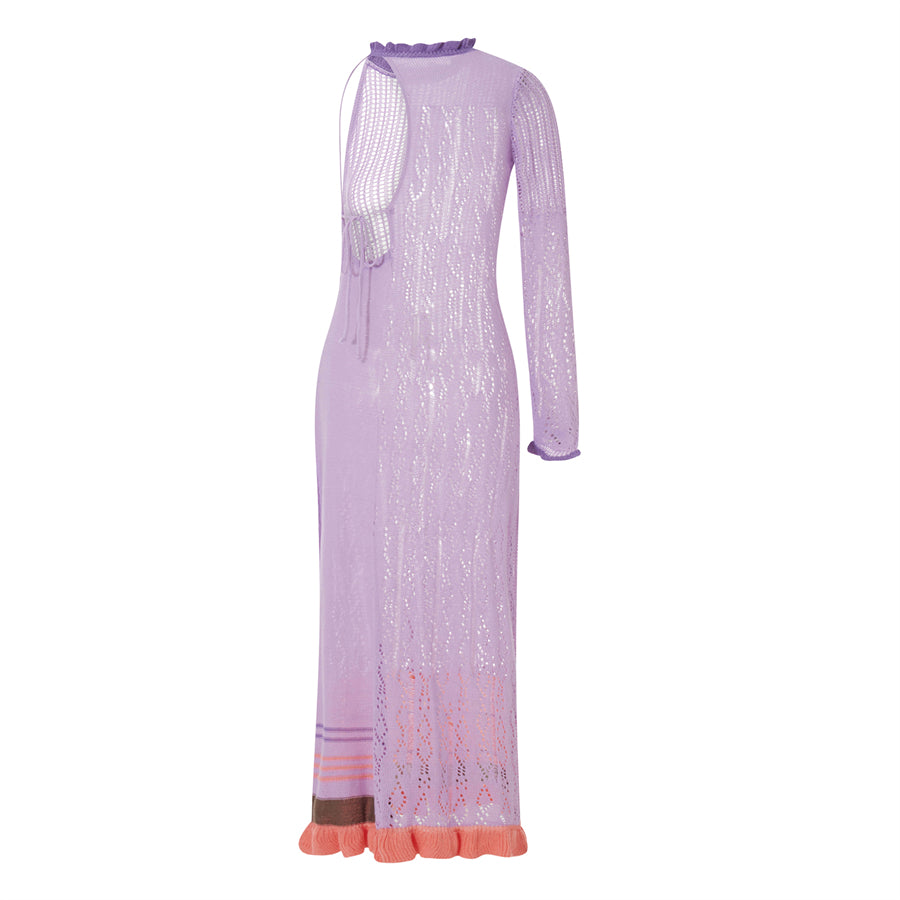 Beach Dresses - Contrast Color Hollow-Out Knit Beach Long Dress 2023 Summer See-Through One-Shoulder Long Sleeve Halter Tie-up Cover-Ups Dress