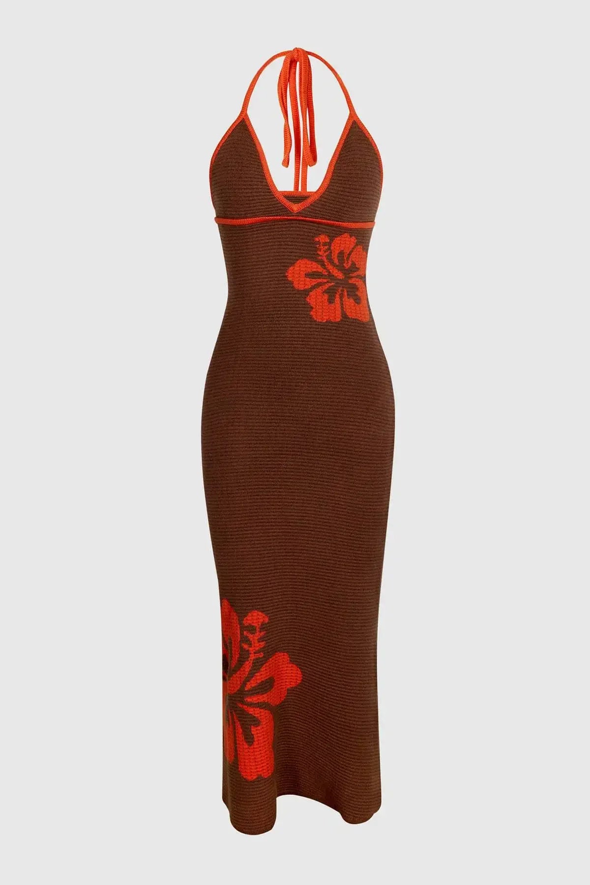 Vacation Dresses - 2024 Summer New Knitted Halterneck with Suspenders V-neck Sexy Backless Fashion Flower Print Slim Dress