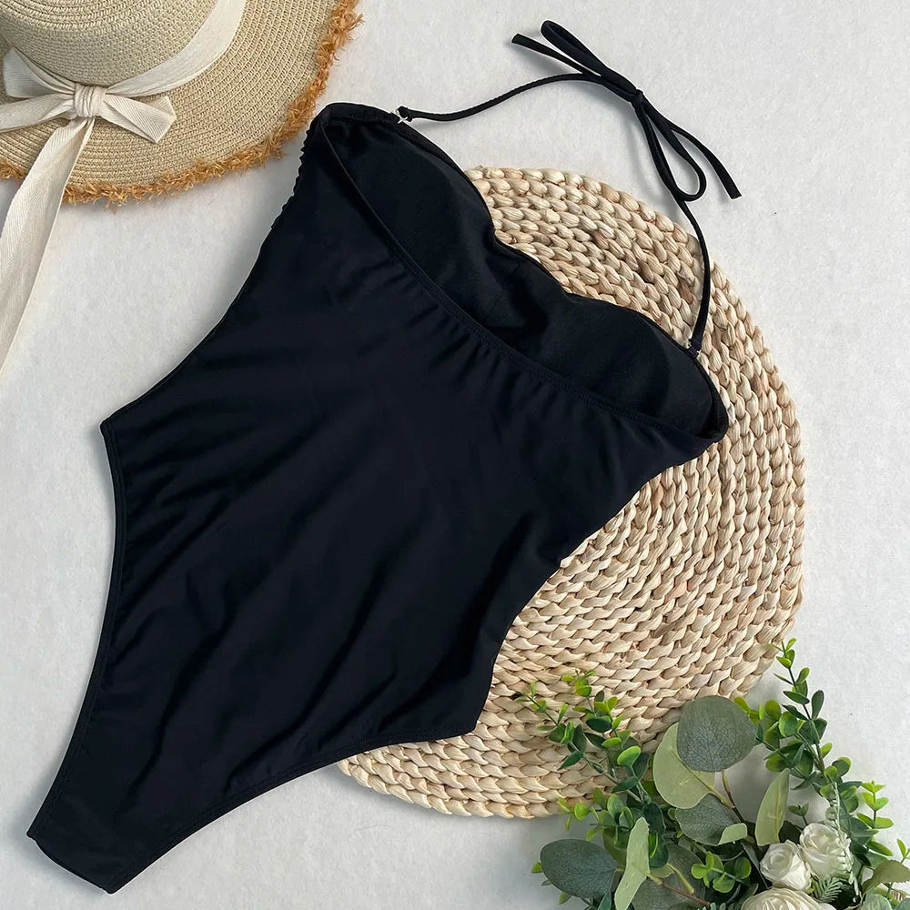 Swimsuits - 2 Colors Sexy Metal Rings Cut Out Women Swimwear One Piece Swimsuit Female Bandeau High Leg Cut Bather Bathing Suit Swim