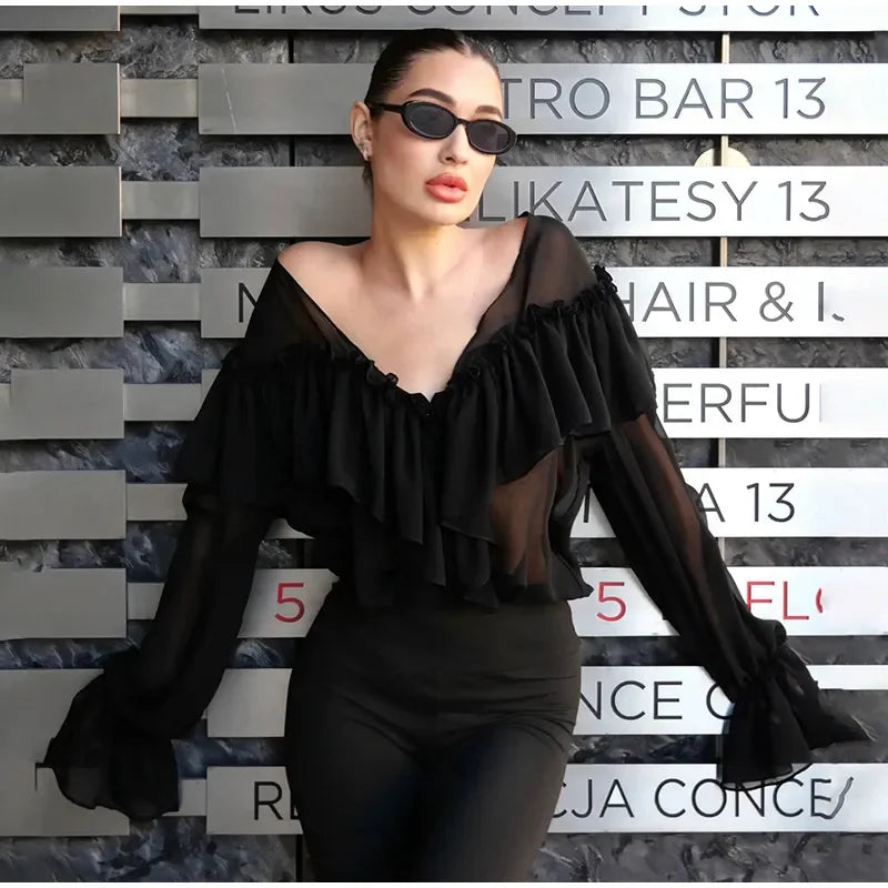 Blouses - Women's Chiffon Ruffle Shirts White Loose V-neck Lantern Sleeve See Through Blouses 2025 Spring Summer Lady Commute Outwears