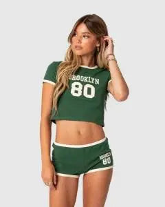 Sporty Sets - Y2k Millenial Style Sexy Slim Round Neck Striped Color Letter Print Pattern Miss Navel Slim Short Sleeve Top Women