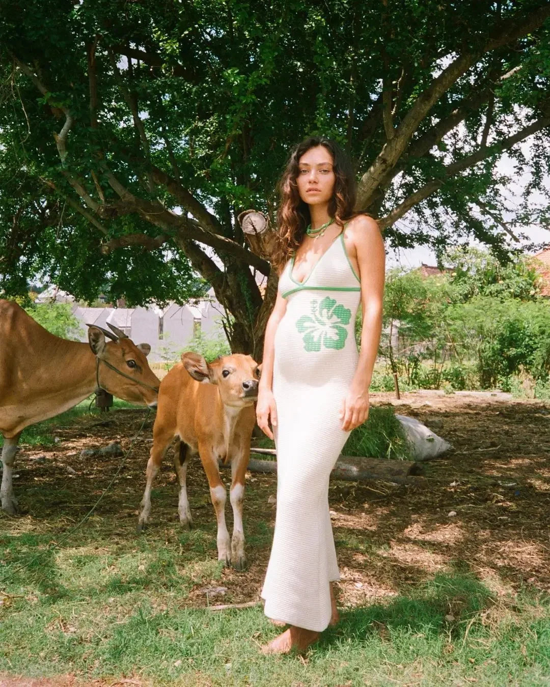 Vacation Dresses - 2024 Summer New Knitted Halterneck with Suspenders V-neck Sexy Backless Fashion Flower Print Slim Dress