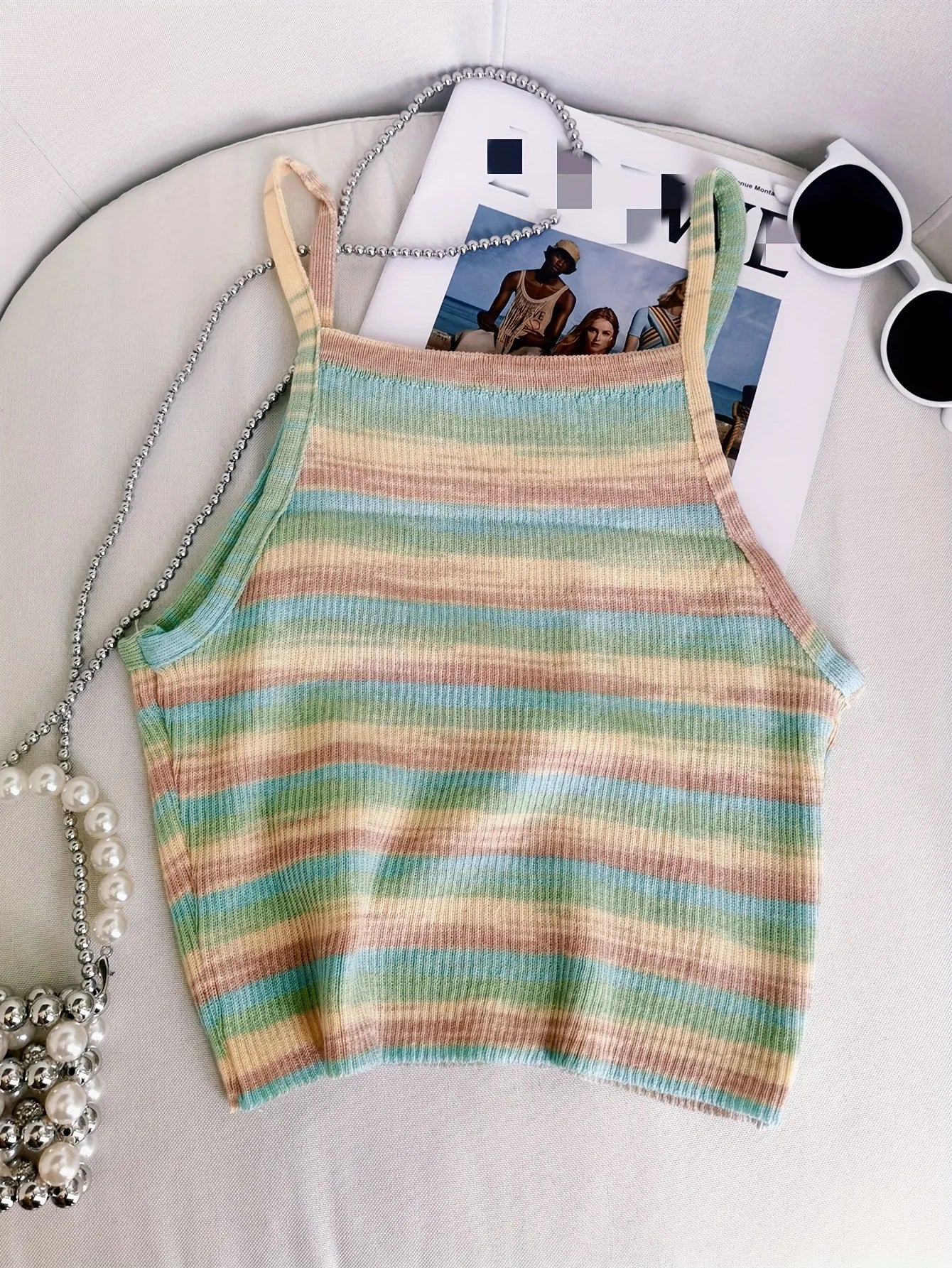Knit Camis - 2024 Comfortable and Stylish Striped Ribbed Knit Cami Top for Women Sleeveless Square Neck Casual Top Rainbow Crop Top