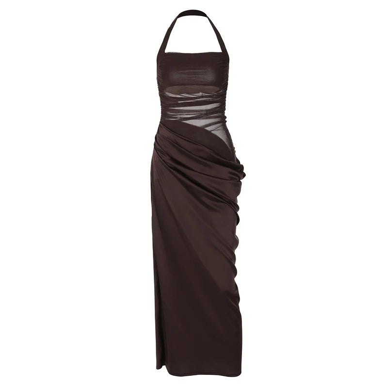 Elegant Dresses - Mesh Patchwork Backless Sexy Maxi Dress For Women Gown Fashion Halter Sleeveless Strapless Bodycon Club Long Dress