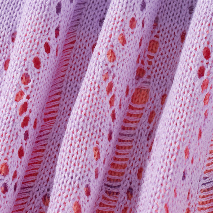 Beach Dresses - Contrast Color Hollow-Out Knit Beach Long Dress 2023 Summer See-Through One-Shoulder Long Sleeve Halter Tie-up Cover-Ups Dress