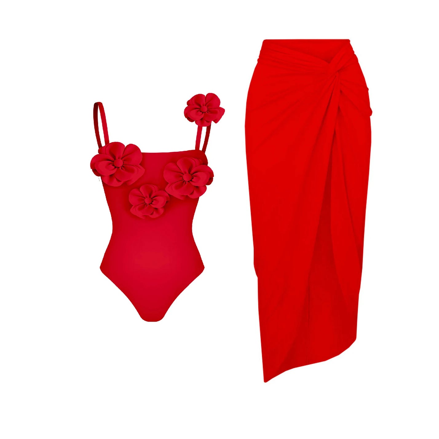 Swimwear - New 2Pcs Flower Swimsuit With Cover Up Women Sexy Swimwear One Shoulder Bikini Female Biquini Push Up Bodysuit Beachwear