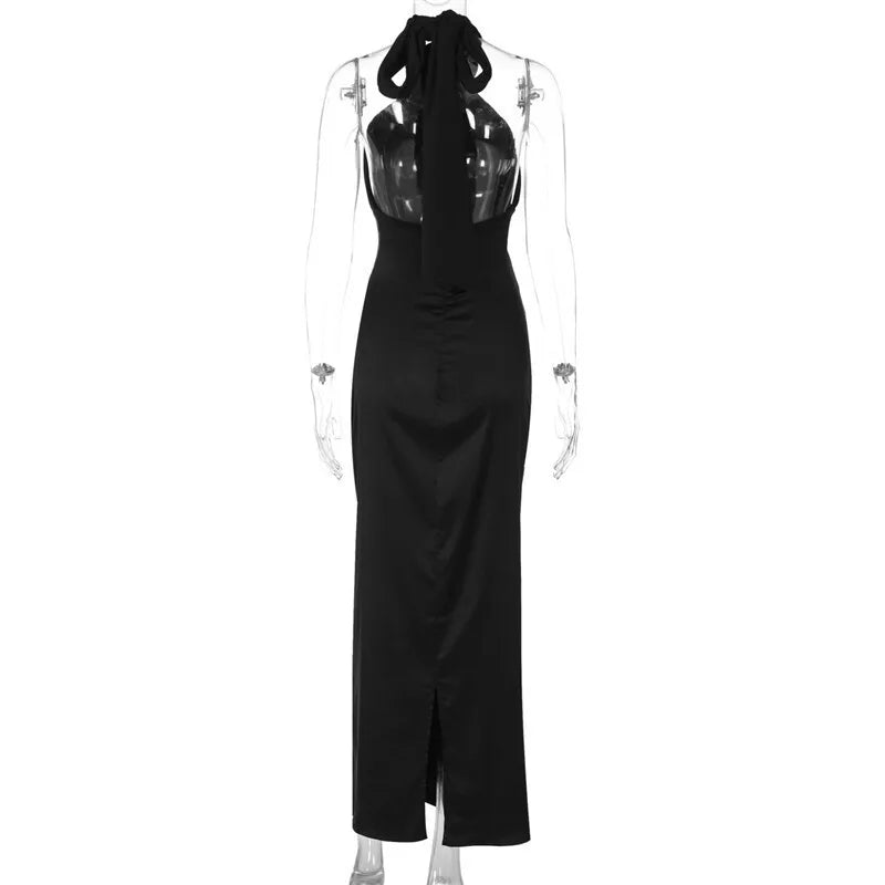Elegant Dresses - Halter Backless Sexy Maxi Dress For Women Black Satin Hollow Out Sleeveless Strapless Bodycon Club Long Dress Elegant