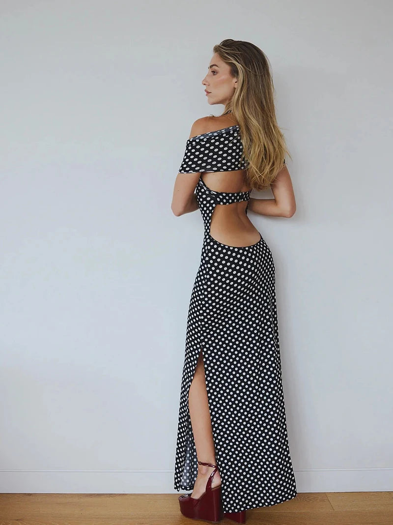 Halter Dresses - Off-shoulder Polka Dot Maxi Dress For Women Gown Fashion Halter Sleeveless Backless bodycon Split Long Dress Elegant