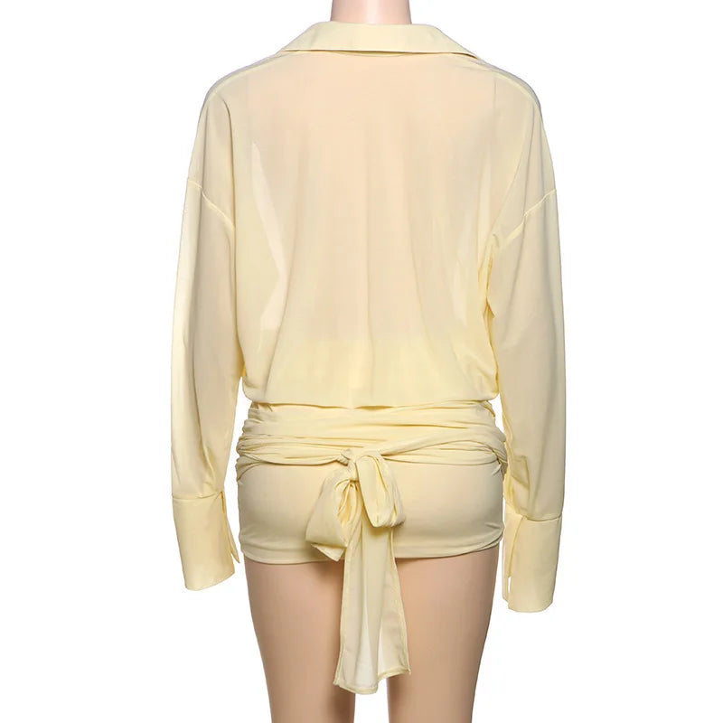 Blouson Dresses - Sexy Long Sleeve Turn-down Colla Bag Hip Strap Shirt Dress For Women See Through Patchwork High Waist Dress Streetwear