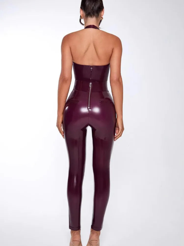 Jumpsuits - Halter Deep V Neck Sexy Jumpsuits For Women Rompers Fashion Solid Sleeveless Backless Skinny PU Leather Jumpsuit