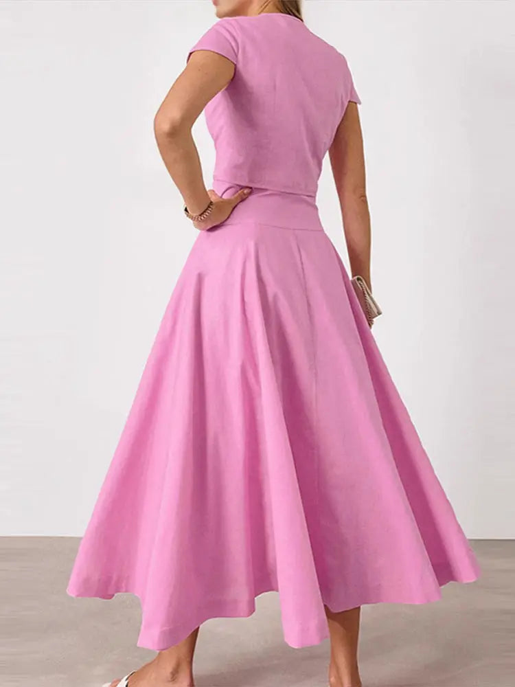 Skirt set - Women Vest Skirt Suit Solid O-neck Single Breasted Short Sleeve Short Top Button Wide Leg Skirts Female Summer Lady Beach Wears