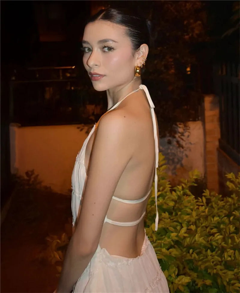 Party Dresses - Mozision Halter Backless Sexy Maxi Dress For Women Spring Summer New Lace-up Sleeveless Pleated Beach Holiday Long Dress Elegant