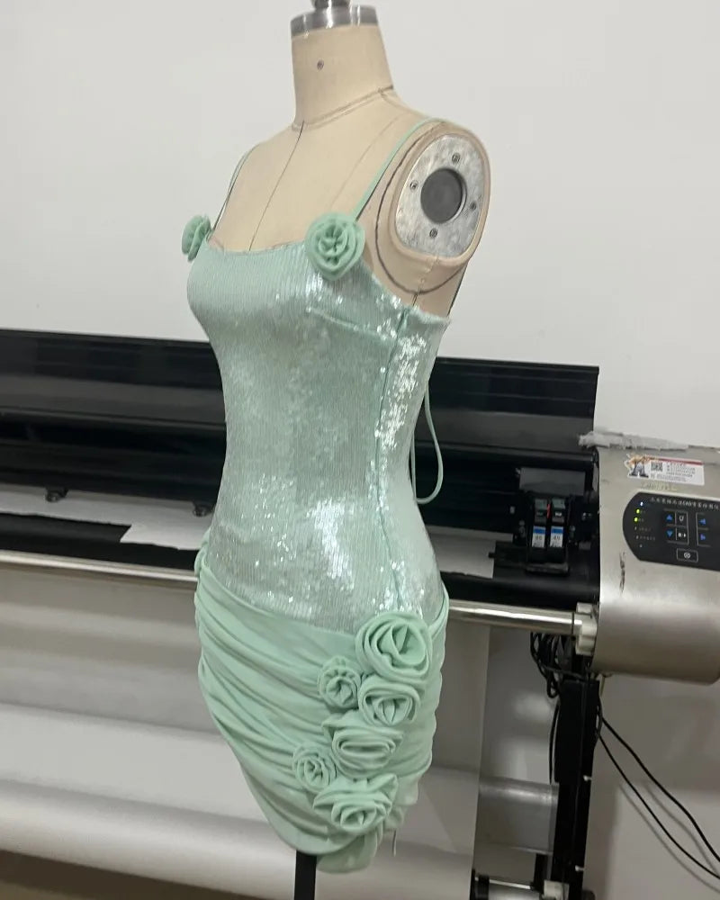 Elegant Dresses - Sexy Spaghetti Strap Backless Prom Dresses for Women Luxury 2025 Summer Sequins Flower Lace-up Pleated Mini Dress Elegant Gowns