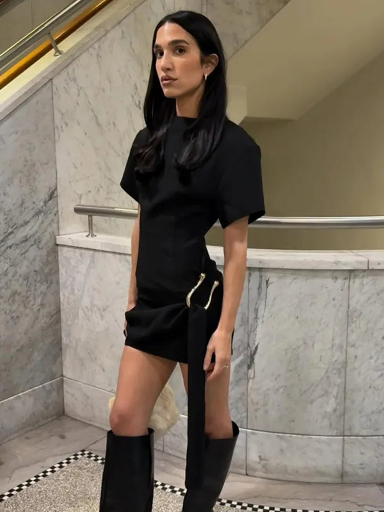 Mini Dresses - Short Sleeve Draped Sexy Mini Dress For Women Black Metal Buckle O Neck High Waist Bodycon Club Dress Vestido Clothes