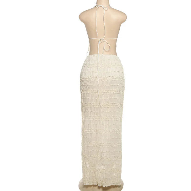 Matching Sets - Chiffon Lace Sexy Skirt Two Piece Sets Women Halter Crop Tops And Maxi Skirt Ladies Fashion Woman Long Dress Set