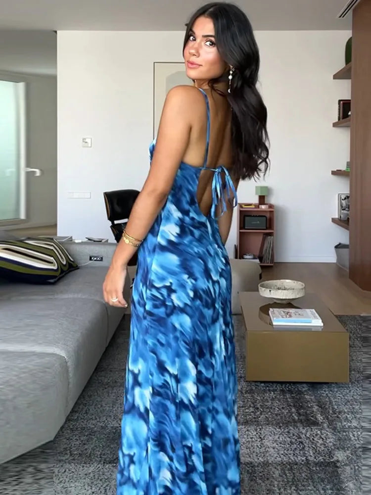 Elegant Dresses - Halter Backless Print Sexy Maxi Dress For Women Gown Elegant Blue Printed Lace-up Sleeveless Evening Long Dress