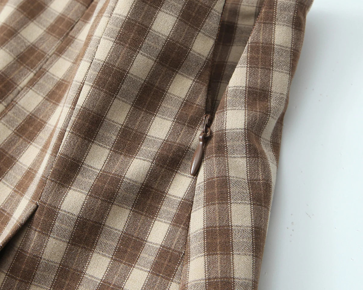 Skirts set - TRAFZA Women 2 Piece Set Elegant Plaid O-Neck Single Breasted Pocket Decorate Vest Top+Chic Zipper Pleated Slim Mini Culottes