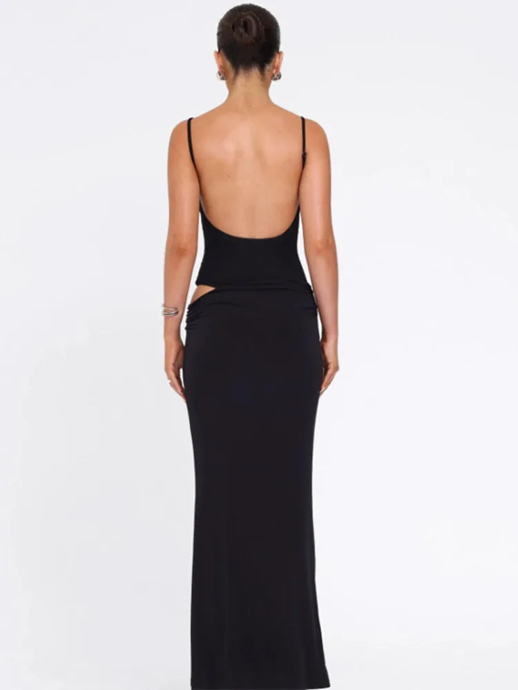Party Dresses - Black Sexy Dress Sets Women Spaghetti Strap Bodysuit And Maxi Skirt Matching Sets Backless Slim Fit Long Skirt Set
