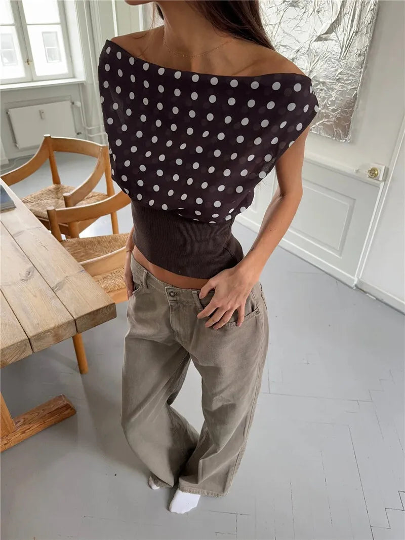 Crop Blouses - Backless Polka Dot Crop Tops Women Vest Fashion Summer New Oblique Shoulder Sleeveless Tank Tops Pullovers Female