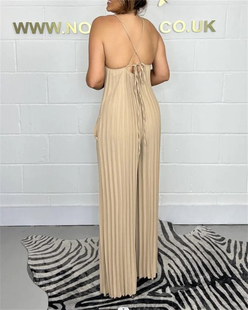 Jumpsuits - Plus-size women's jumpsuit full-body pressure pleated solid color sleeveless suspenders jumpsuit plus-size women's clothing