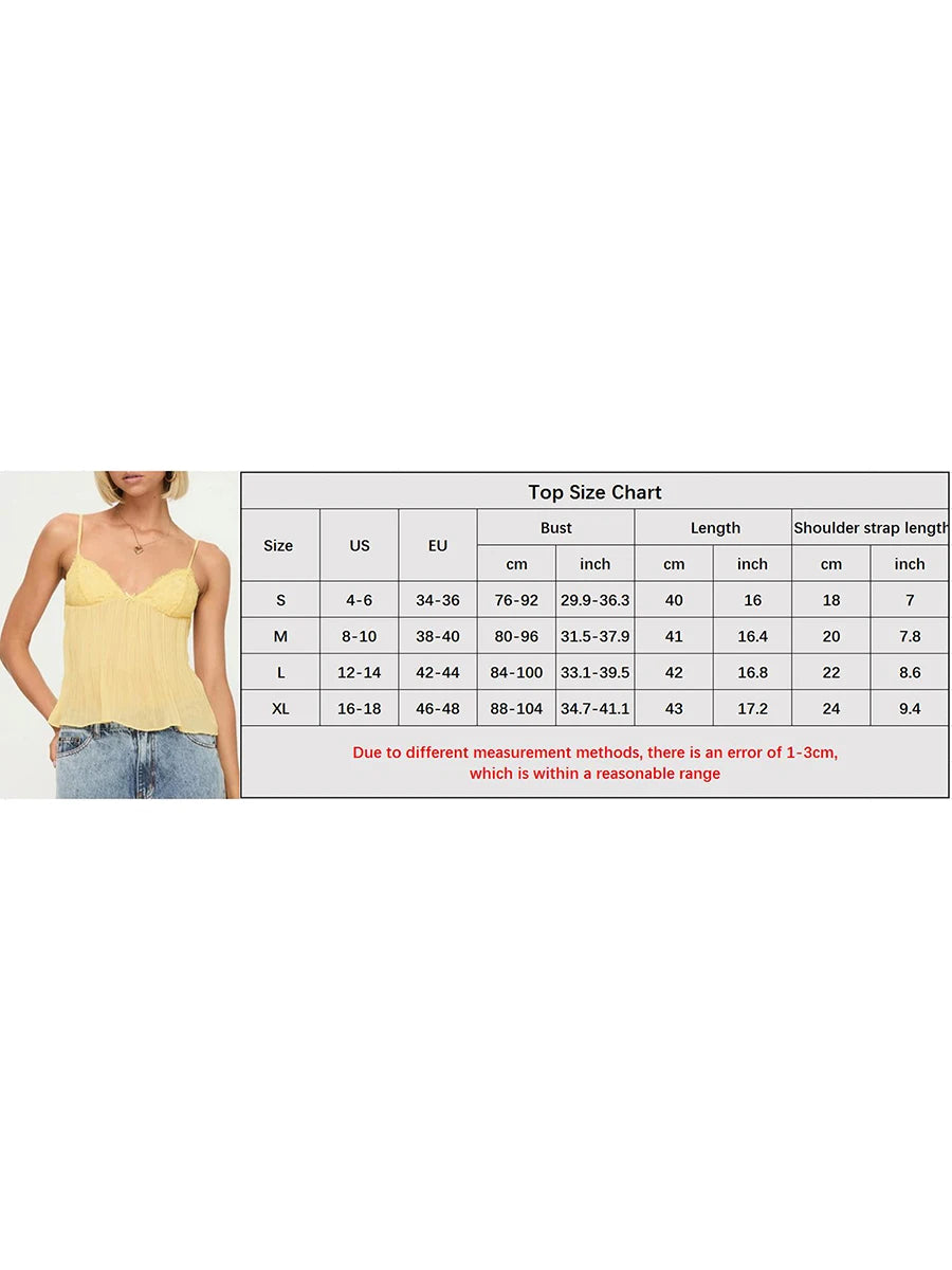 Cami Tops - Women's Y2K Pleated Babydoll Camisoles Front Mini Bow Decor Adjustable Spaghetti Straps Lace V-Neck Ruffled Hem Tops