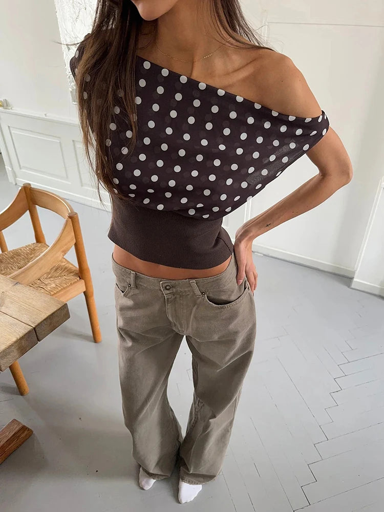 Crop Blouses - Backless Polka Dot Crop Tops Women Vest Fashion Summer New Oblique Shoulder Sleeveless Tank Tops Pullovers Female