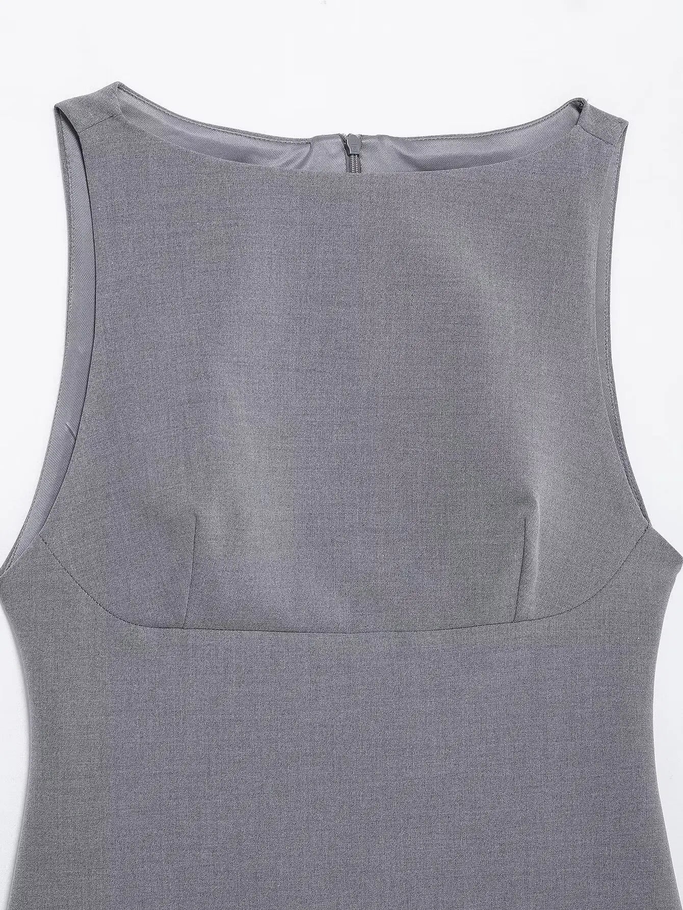 Business Casual Dresses - Women's High Street Sexy Dress Grey O-Neck Sleeveless Patchwork Decorate Zipper Female Summer Fashion Mini Dresses