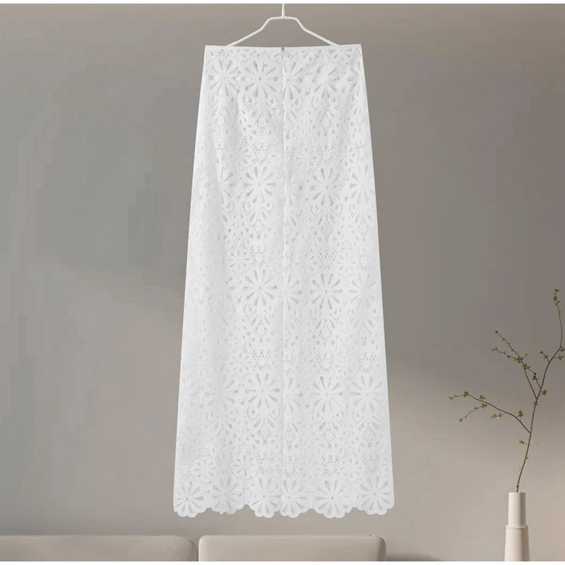 Matching Sets - Elegant See Through Crochet Top Women Set Hallow Out Flare Long Sleeve Top Slim Empire Hip Package Skirts 2025 Summer Lady Set