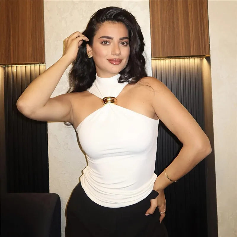 Halter Tops - Turtleneck Basic Knit Tank Tops Women Vest Pullovers Metal Ring Camisole Sleeveless Skinny Knitted Tops Y2K Cropped Top