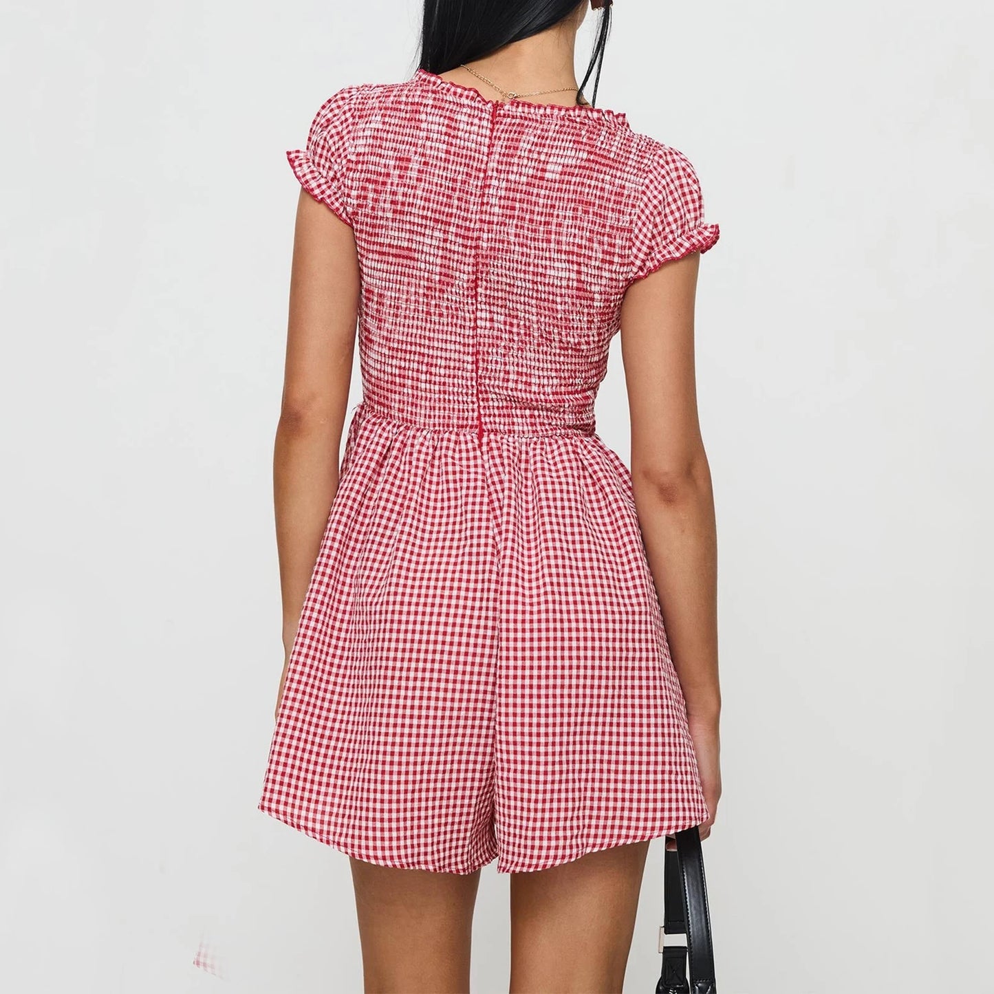 Casual Dresses - Women Y2k Gingham Playsuit Short Sleeve Smocked Babydoll Bodysuit Rompers Flowy A-Line Club Dress Retro Streetwear