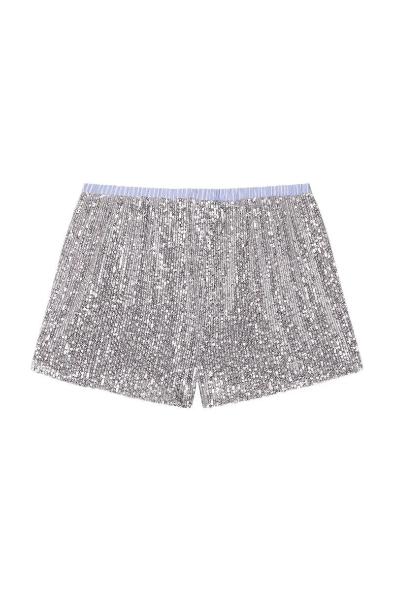 Shorts Sets - Silver Glitter Shorts Sets Women Contrast Color Single-breasted Shirt And Shorts Sparkle Two Piece Set Shorts Sets