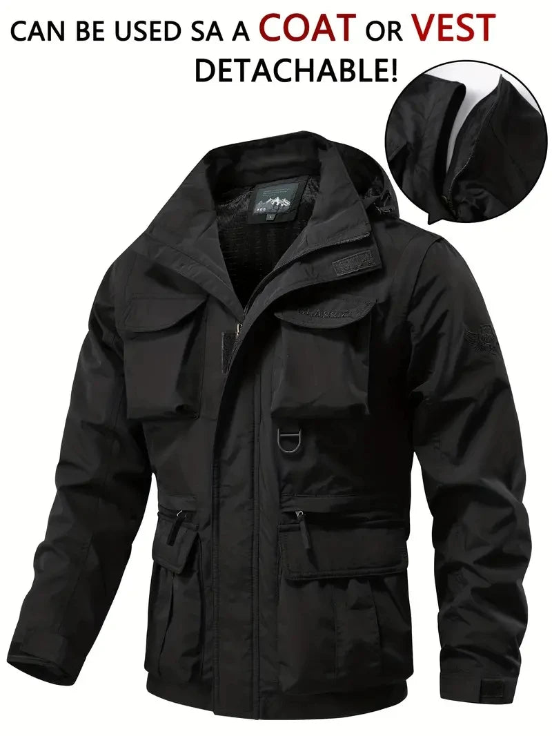 Men Coats - Detachable windproof sleeved hooded jacket suitable for outdoor activities men's casual waterproof multi pocket jacket vest