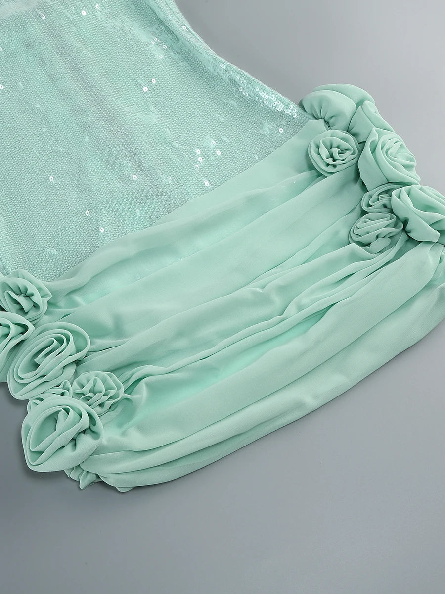 Elegant Dresses - Sexy Spaghetti Strap Backless Prom Dresses for Women Luxury 2025 Summer Sequins Flower Lace-up Pleated Mini Dress Elegant Gowns