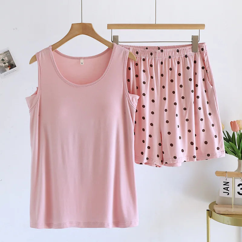 Pajamas - 2025 New Summer Women's Pajamas Set Sleeveless Short Pants Home Clothes Student Can Wear Out Sleepwear With Chest Cushion