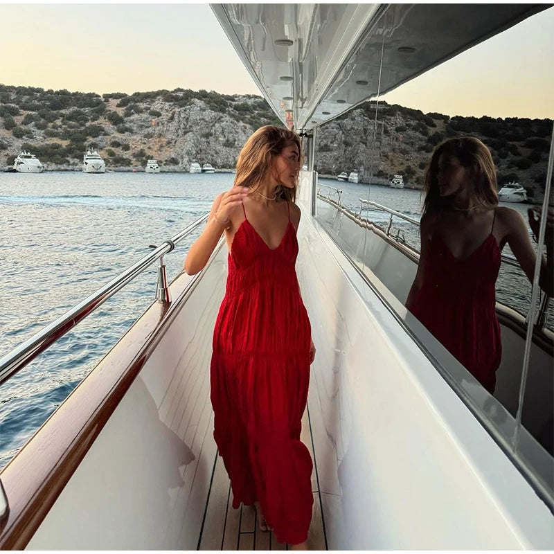 - Elegant Suspender Maxi Dress Women Sexy Summer Pleated Sling Beach Dress Female Backless V-neck Vacation Evening Long Vestidos