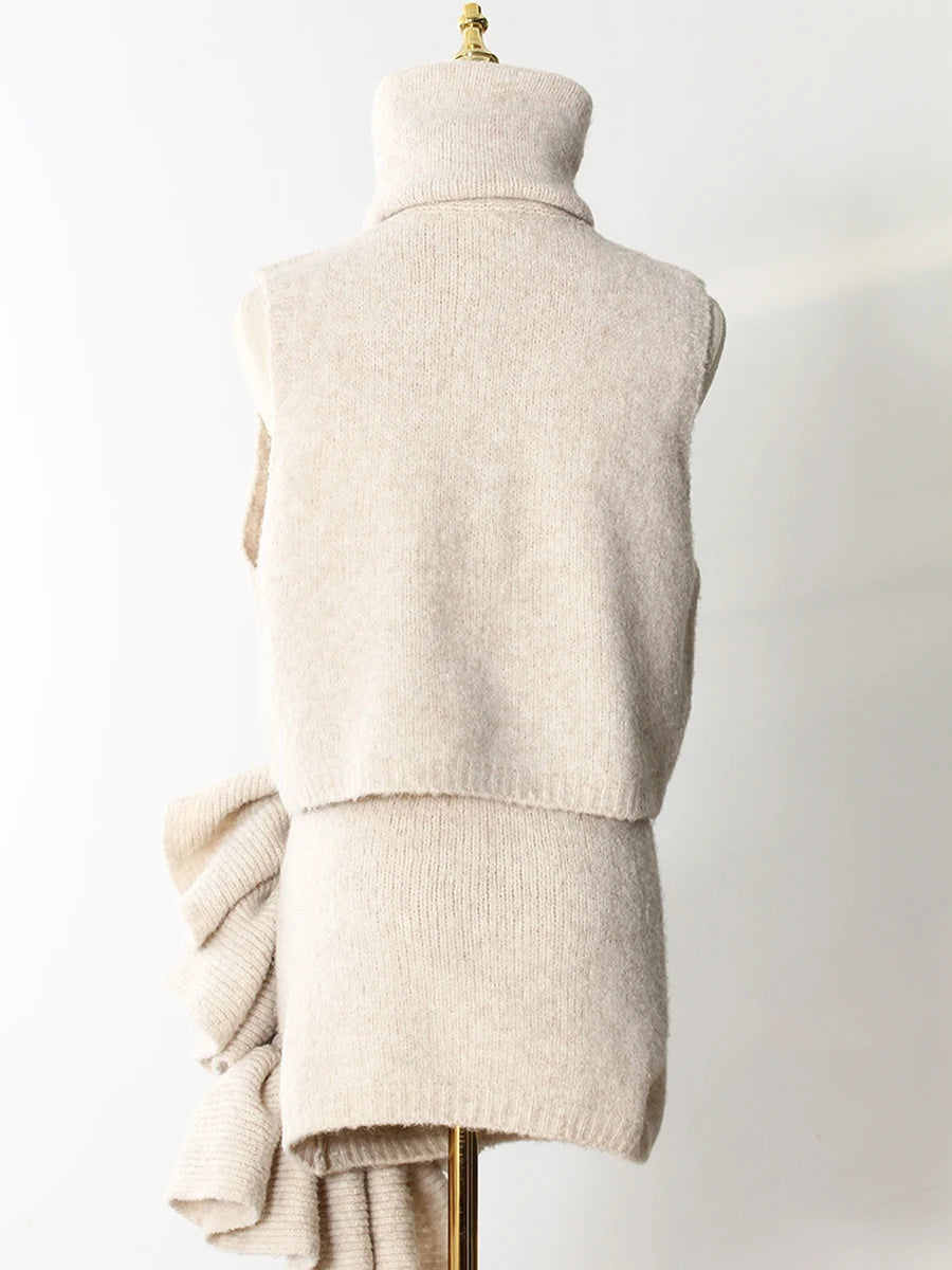 Knitwear - TWOTWINSTYLE Three Piece Set For Women Lapel Long Sleeve Coat High Neck Vest High Waist Patchwork Appliques Skirt Sets Female