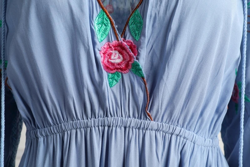 Kaftans - Jastie Embroidered Women Maxi Dress V-Neck Batwing Sleeve Loose Oversize Summer Dresses Drawstring Waist Boho Beach Vestidos
