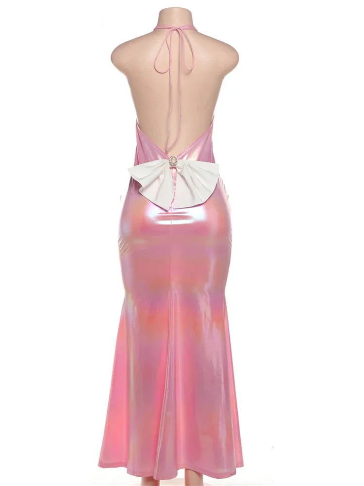 Elegant Dresses - Bow Applique Dress Women Sexy Halter Lace-Up Strapless Backless Robe Banquet Party Sleeveless Long Bodycon Vestidos