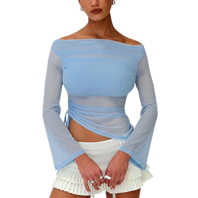 Mesh Tops - Solid Color Long-Sleeve One-Shoulder Sexy Mesh Top See Through Shrunk Pleated Sexy Women T Shirt Casaul Wear Autumn