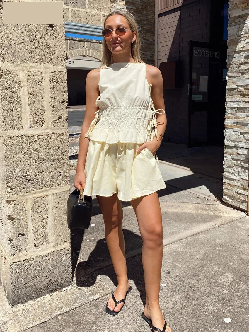 - Summer Loose Yellow Cotton Shorts Set 2 Piece Woman 2025 Fashion Sleeveless Tank Top With High Waist Shorts Set Female