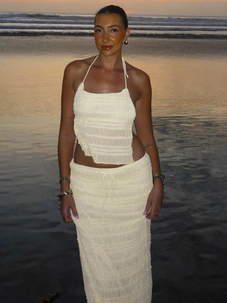 Matching Sets - Chiffon Lace Sexy Skirt Two Piece Sets Women Halter Crop Tops And Maxi Skirt Ladies Fashion Woman Long Dress Set