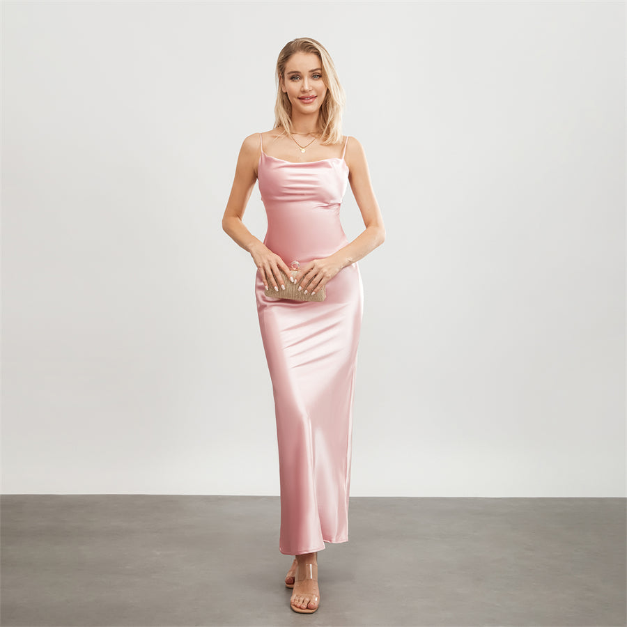 Satin Dresses - Backless Spaghetti Straps Party Long Dresses 2024 New Evening Gown Satin Vestidos Women's Cowl Neck Slip Wrap Dress