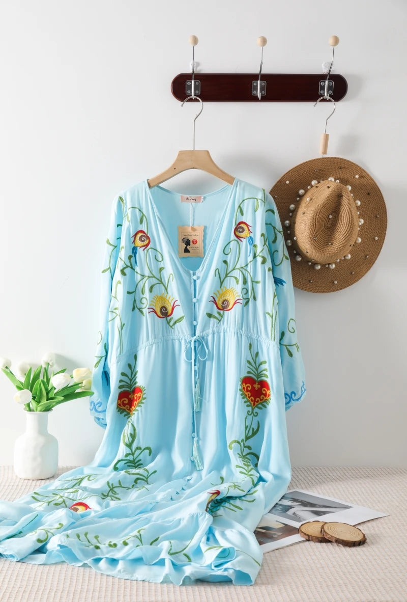 Kaftans - Jastie Embroidered Women Maxi Dress V-Neck Batwing Sleeve Loose Oversize Summer Dresses Drawstring Waist Boho Beach Vestidos